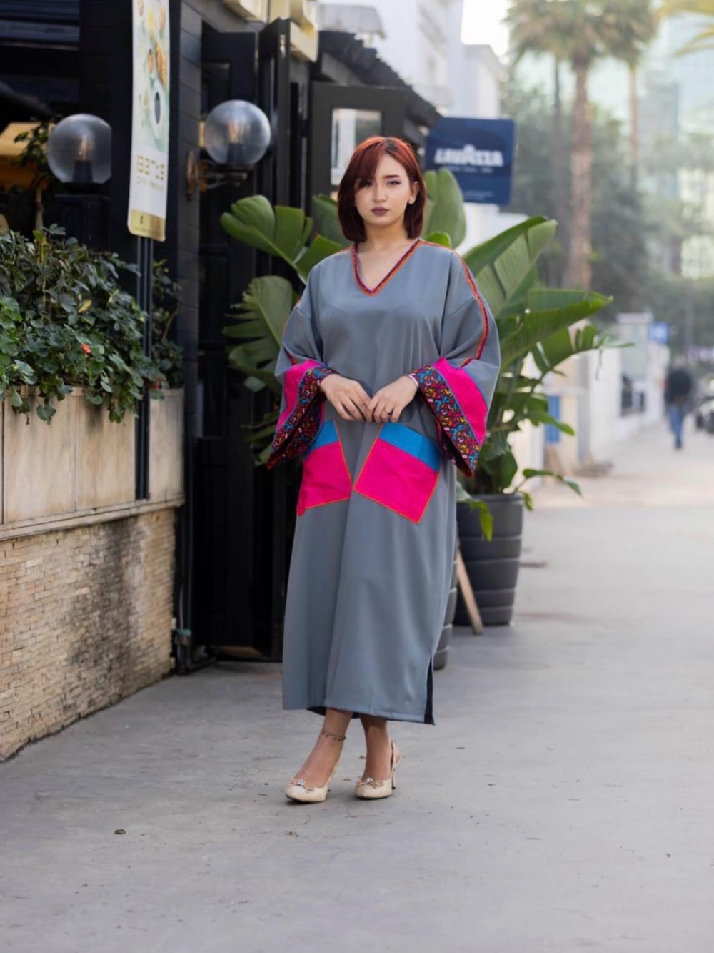 Gray Kaftan Dress with Pink & Blue Accent - Picture 7 of 8